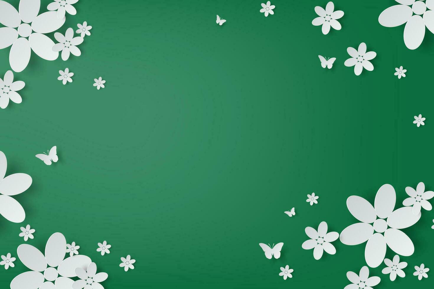 elegante blanco flores y mariposa artesanía realista en verde antecedentes.ecologia ambiente mínimo moderno concepto creativo papel Arte y arte estilo.fondo de pantalla para tu texto vector ilustración