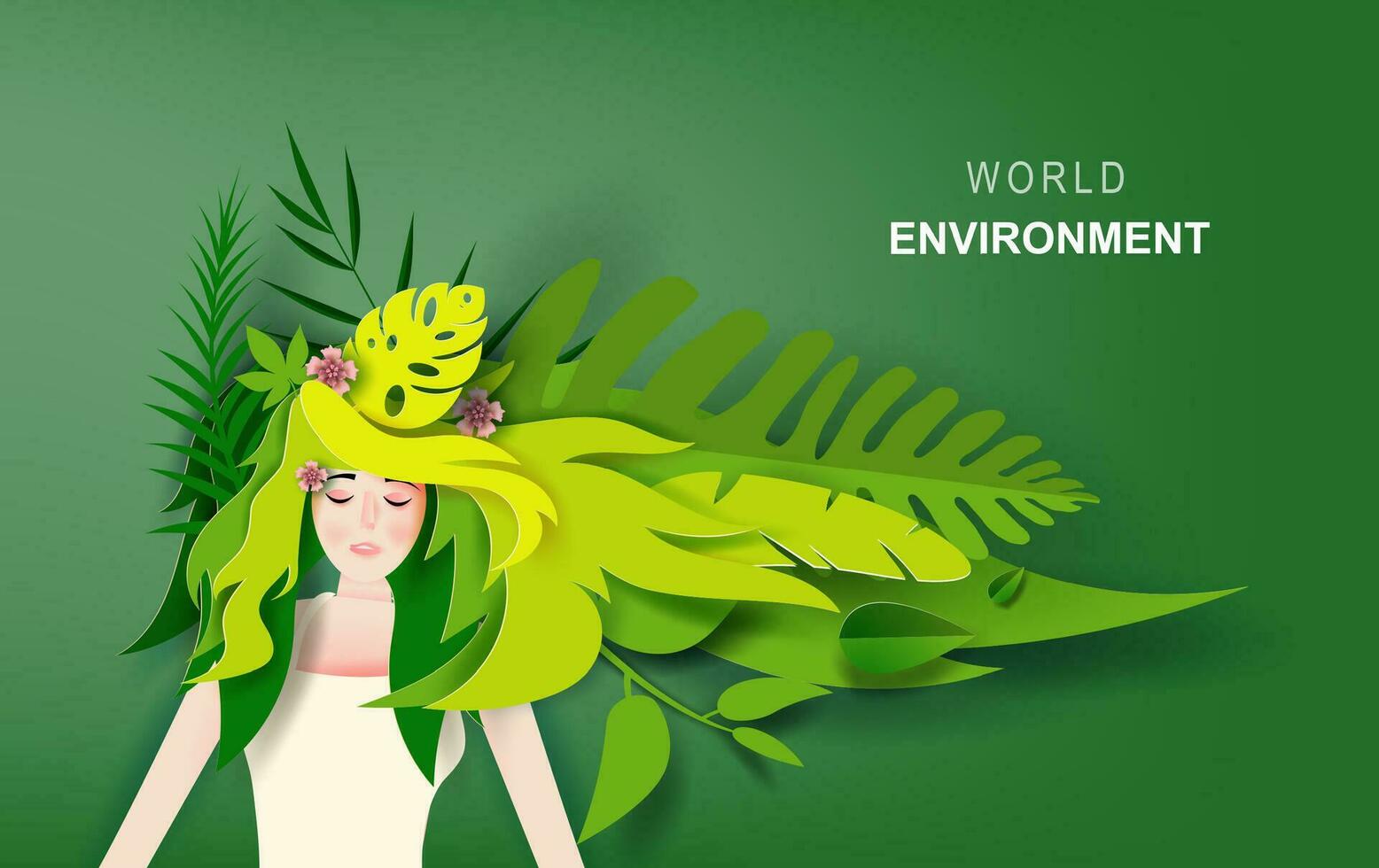 World environment concept of Beautiful lady girl with long hair wear tropical green leaf life nature decoration.portrait of young cute woman with long hair relaxing.Creative paper cut and craft style vector