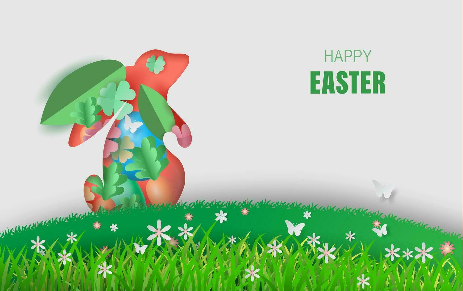 Element holiday bunny for design.Happy Easter day eggs in green grass with white flowers.Butterflies fly air.Creative paper cut and craft style idea card  background.Shape curve rabbit.Eco EPS10. vector