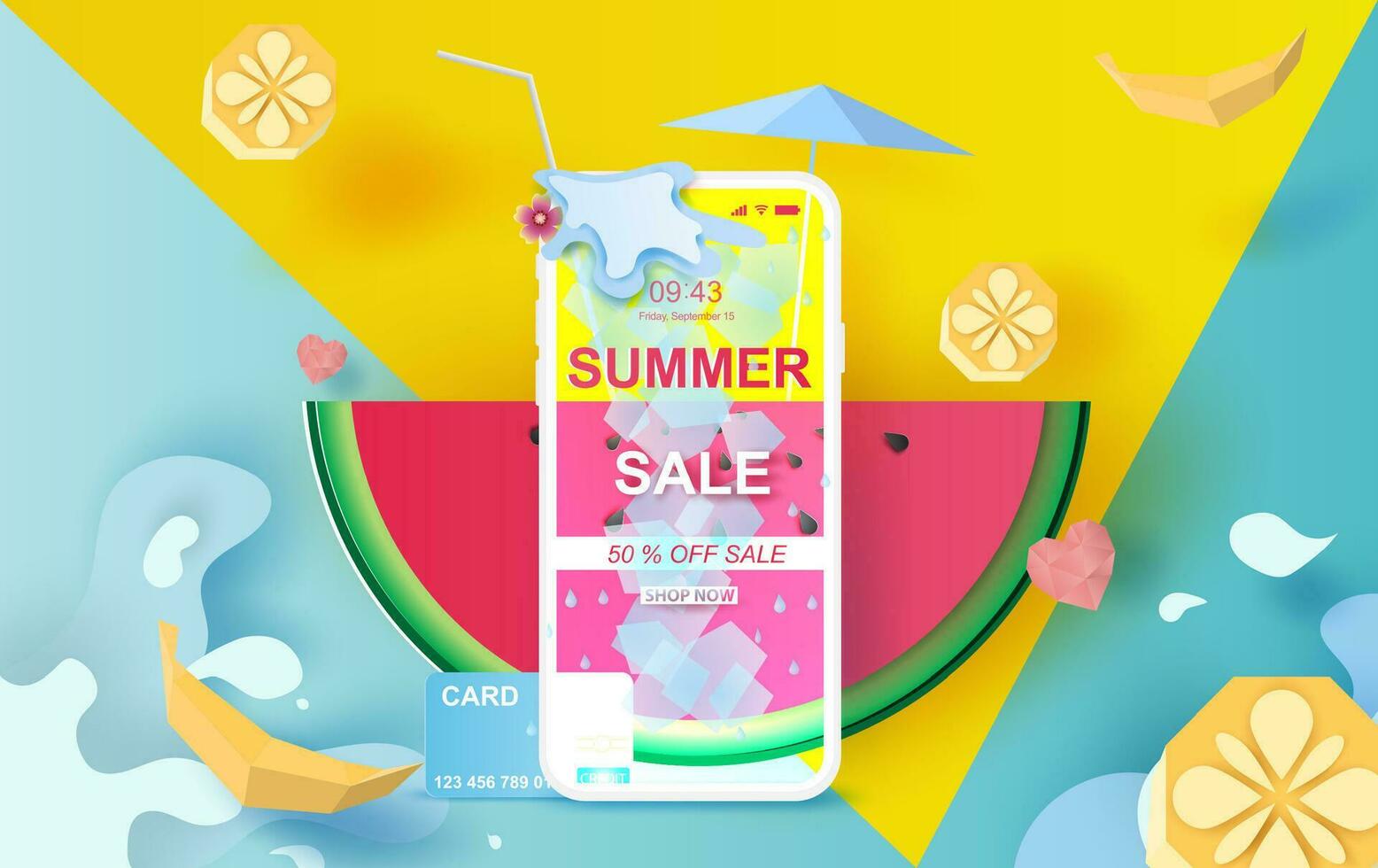 Smartphone Summer Sale promo web banner.Mobile Top view on  fruit ,watermelon pieces, cocktail,orange.Holiday weekend of Water Splash on pastel.Vector illustration.Shop now special discount offer vector