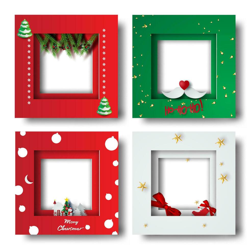 Merry Christmas and Happy new year border frame photo design set on transparency background.Creative origami paper cut and craft style.Holiday decoration gift card.Winter season vector illustration