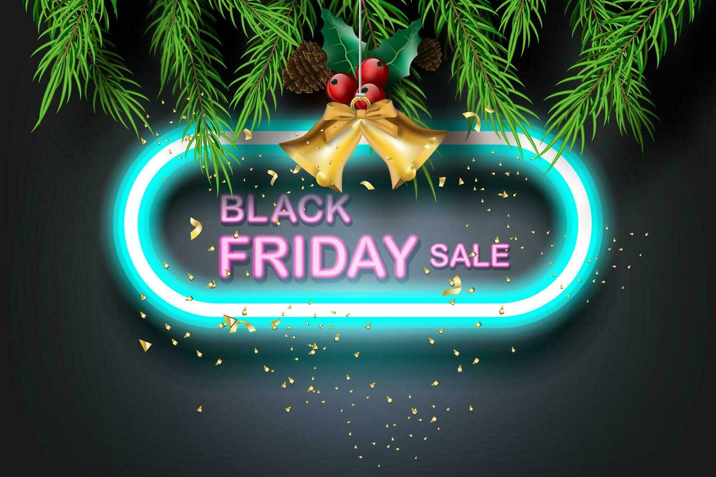 Black Friday sale with branch pine tree on bell and gold glitter background.Neon light banner.Creative Minimal Top view style.Festival marketing promotion season.Special offer card Vector illustration