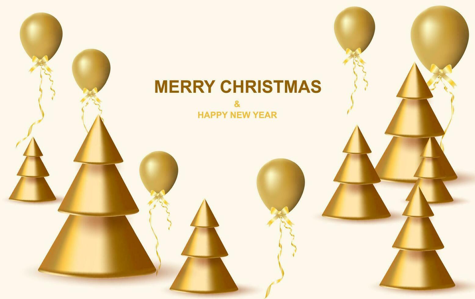 Christmas and New Year background. Xmas Abstract Gold Christmas Trees.Balloons golden fly on air. Bright Winter holiday composition.Creative minimal realistic style.card, banner, poster Vector EPS10