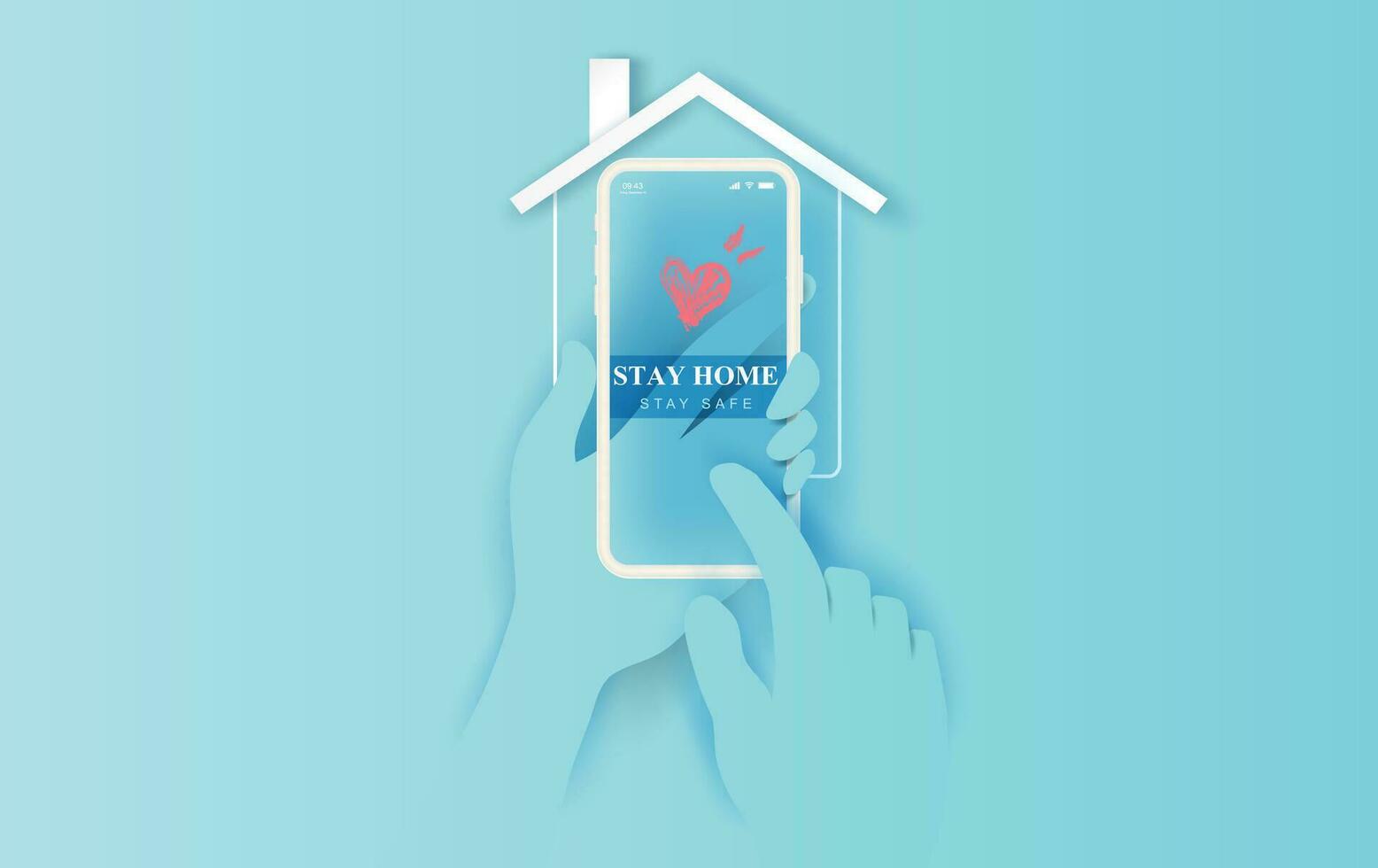 Stay home on smartphone background.stay safe home icon against virus. concept of quarantine and stay at home.hand with mobile phone COVID-19 Awareness.Space for your text banner website simple vector