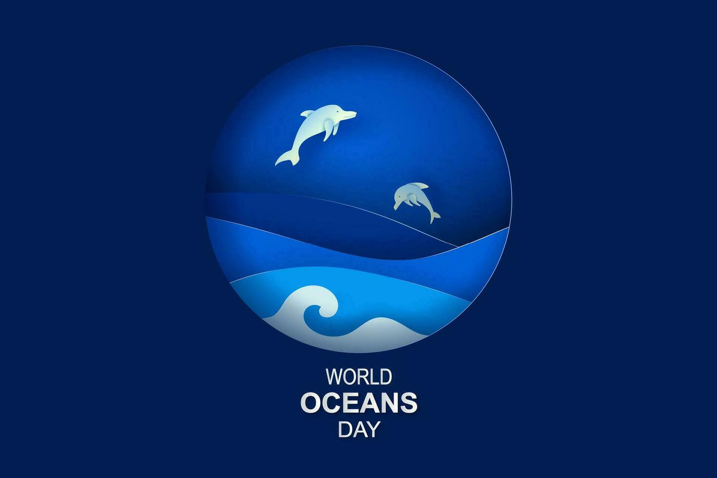 Paper art and cut concept of World Oceans Day. Celebration dedicated to help protect sea earth and conserve water ecosystem. Blue origami craft paper of sea waves.Dolphins are jumping happily in sea. vector