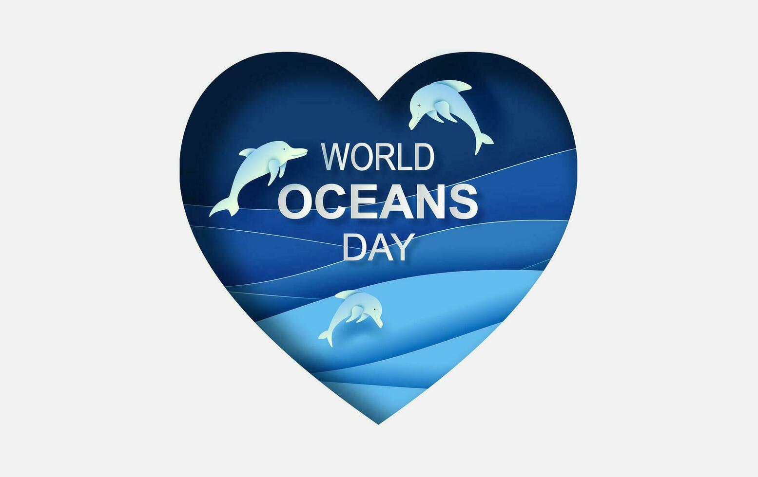 Paper art and cut concept of World Oceans Day. Celebration dedicated to help protect sea earth and conserve water ecosystem. Blue origami craft paper of sea waves.Dolphins are jumping happily in sea. vector