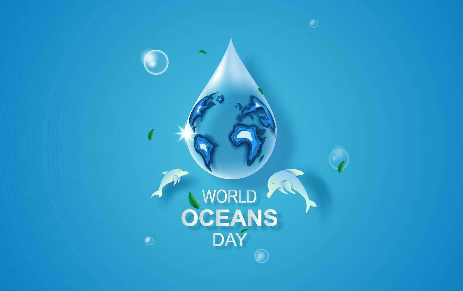 Drop of water concept of World Oceans Day. Celebration dedicated to help protect sea earth and conserve water ecosystem. Blue origami craft paper of sea waves.Underwater poster background vector. vector