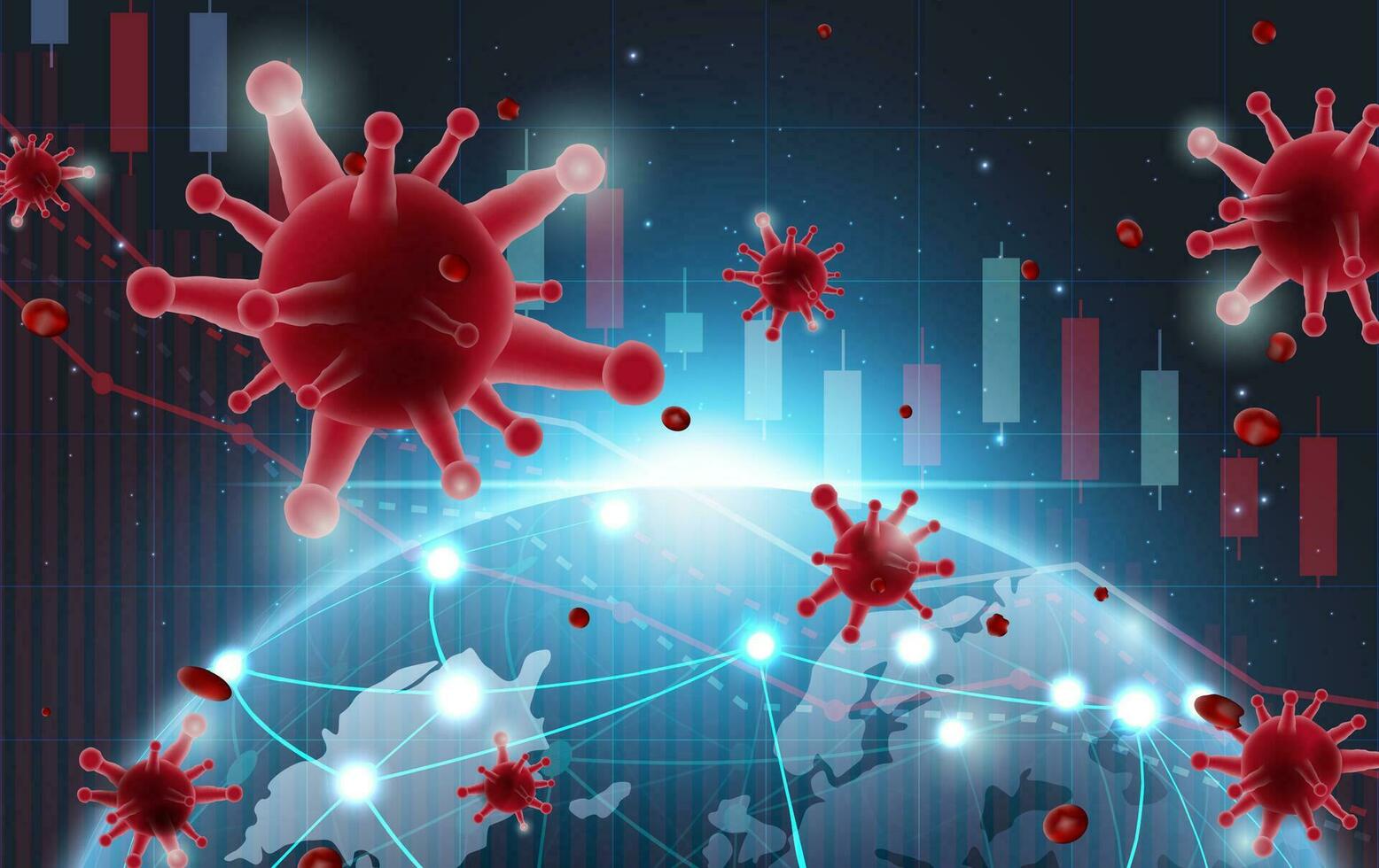 Stock market slump stock chart futuristic with Effects of disease Covid-19 Coronavirus concept vector,Pneumonia.Business technology banner concept background.illustration.World Health organization. vector