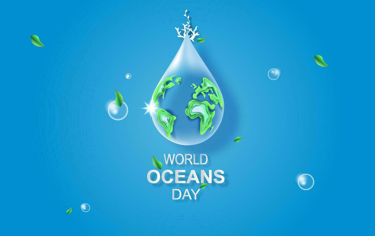 Drop of water concept of World Oceans Day. Celebration dedicated to help protect sea earth and conserve water ecosystem. Blue origami craft paper of sea waves.Underwater poster background vector. vector