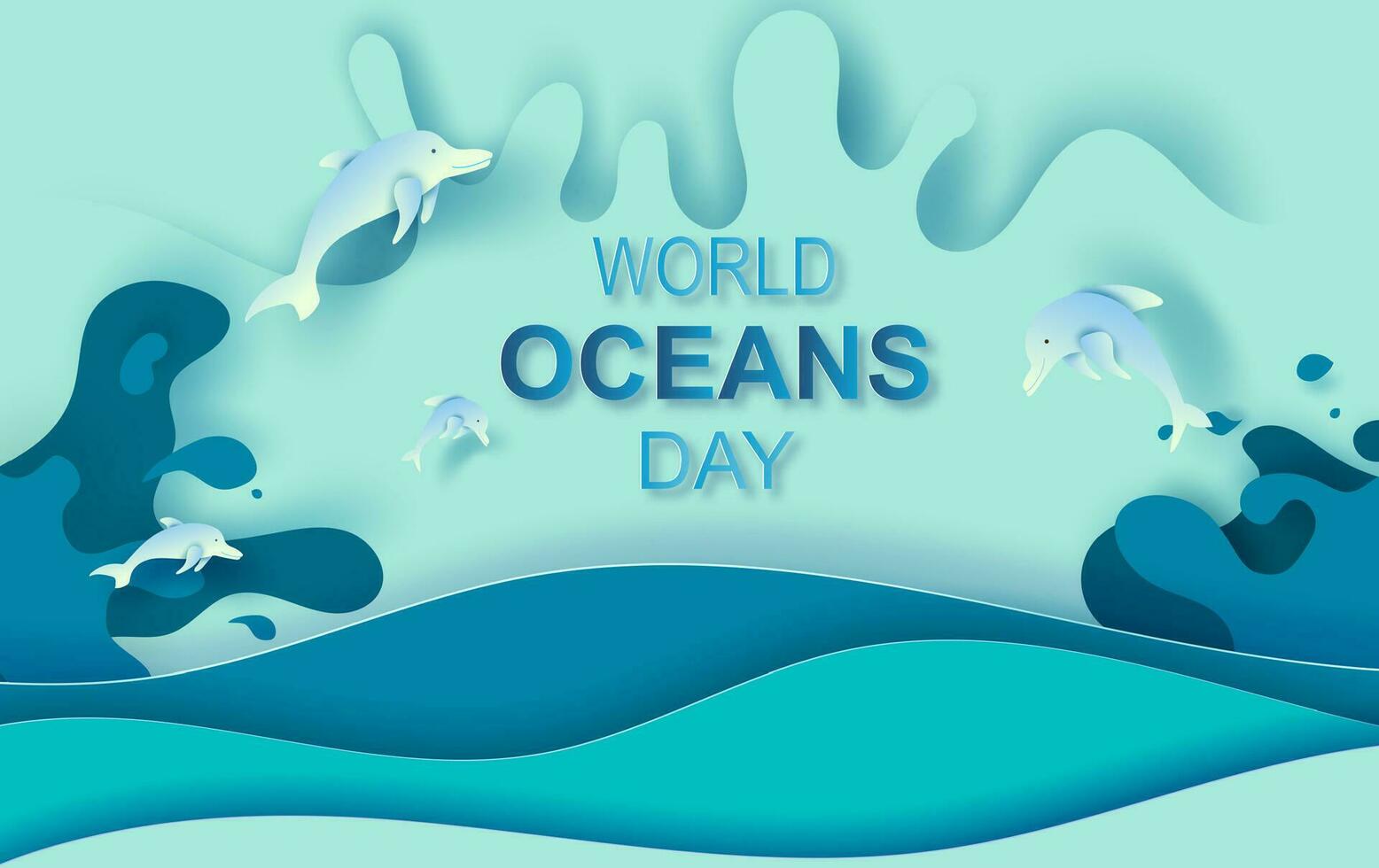 Paper art and cut concept of World Oceans Day. Celebration dedicated to help protect sea earth and conserve water ecosystem. Blue origami craft paper of sea waves.Dolphins are jumping happily in sea. vector