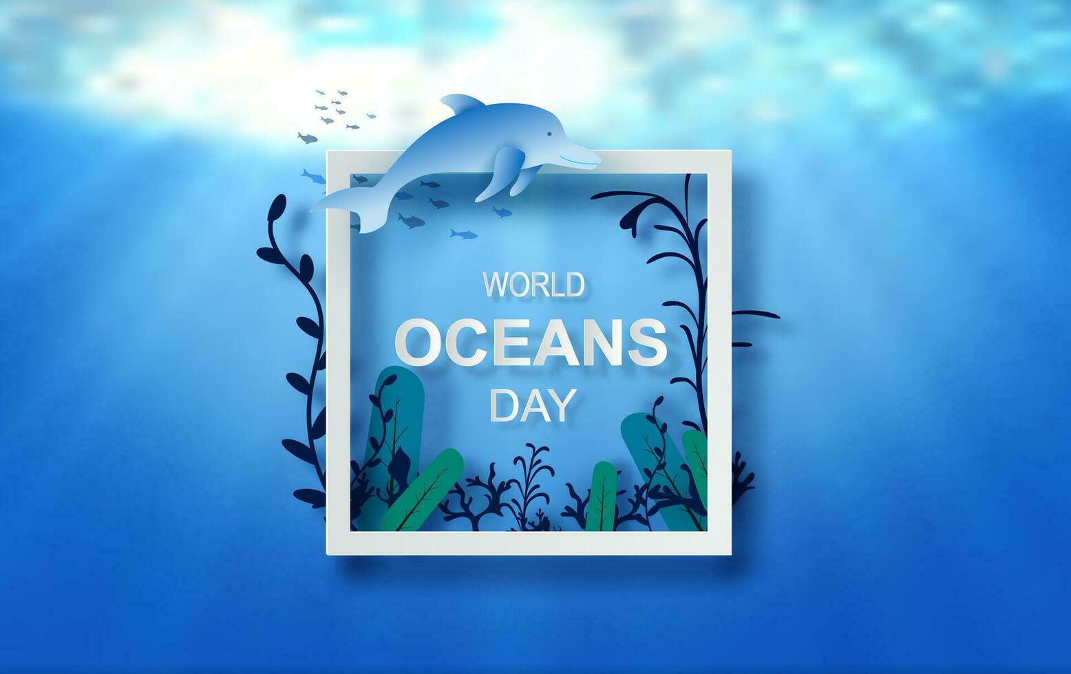 Drop of water concept of World Oceans Day. Celebration dedicated to help protect sea earth and conserve water ecosystem. Blue origami craft paper of sea waves.Underwater frame poster background vector