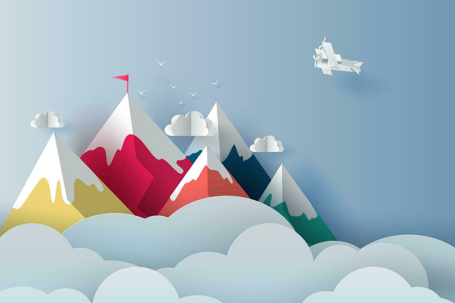 Nature Landscape Plane flying over targeted top colorful mountain with red flag on blue sky.Business success and teamwork targeted mountain concept idea. Creative Paper art and digital craft style vector