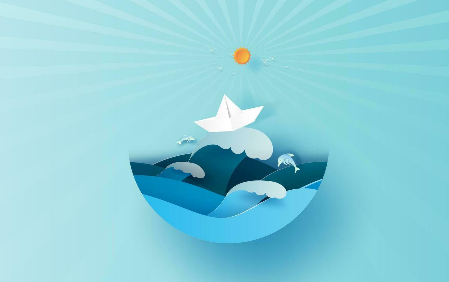 Illustration of travel in holiday summer season sunlight circle concept. Paper cut style.Vacation summertime idea pastel background,Sea wave view with paper boat landscape. Dolphins jumping joyfully vector