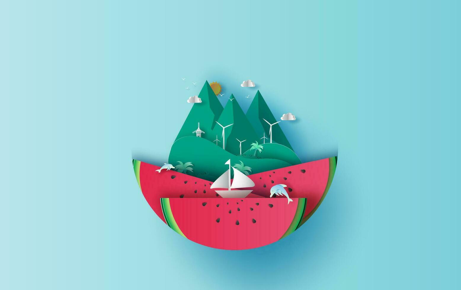 illustration of travel in holiday vacation summer season circle idea. Sea wave with watermelon concept. boat in ocean landscape. Paper craft and cut style sea view Island. Dolphins jumping joyfully. vector