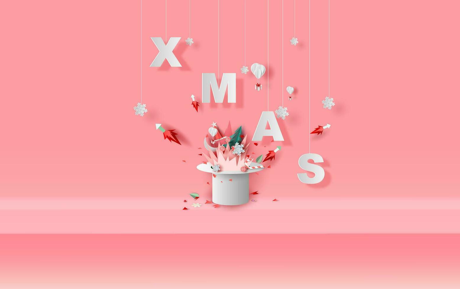 Xmas of bonfire and fireworks art in hat concept. Hanging snowing with Holiday banner Merry Christmas and Happy New Year . Festival party winter season. Simple Modern minimal red pastel background vector