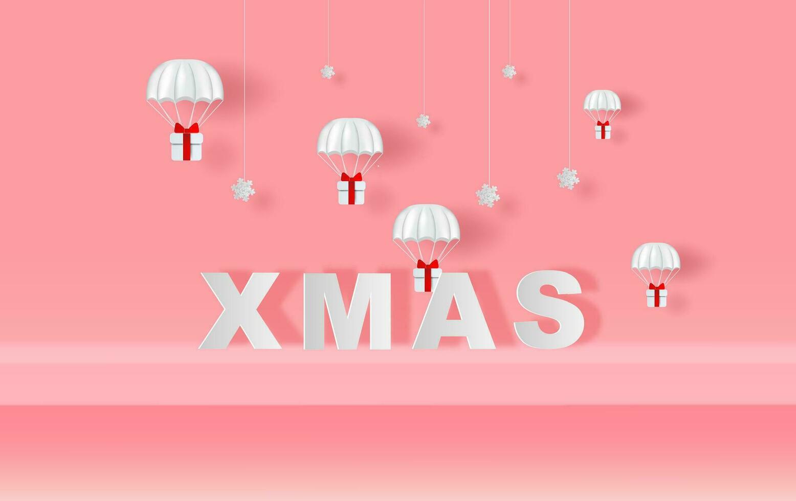 Xmas of Stage mock up Parachute gift box fly air paper cut and craft style. Merry Christmas and Happy new year. Hanging snowing with Holiday winter snow season Simple minimal pink pastel background vector