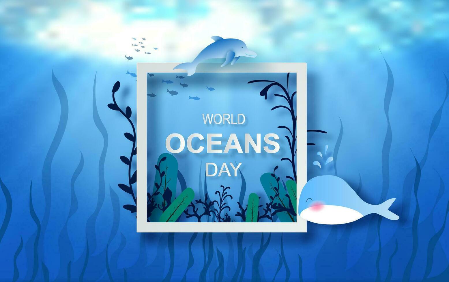Drop of water concept of World Oceans Day. Celebration dedicated to help protect sea earth and conserve water ecosystem. Blue origami craft paper of sea waves.Underwater frame poster background vector