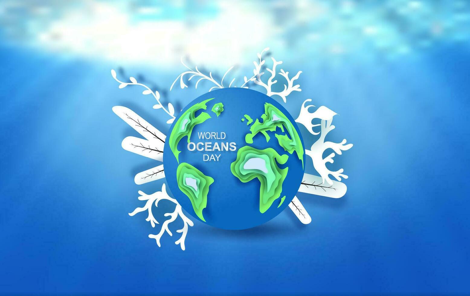 Paper art and cut concept of World Oceans Day. Celebration dedicated to help protect sea earth and conserve water ecosystem. Blue origami craft paper of sea waves.Underwater poster background vector. vector