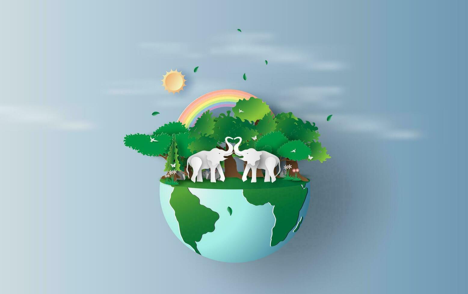 illustration of elephants in forest,Creative Origami design world environment and earth day. paper cut and craft concept.Landscape Wildlife animal with elephants lovers heart in nature by rainbow. vector