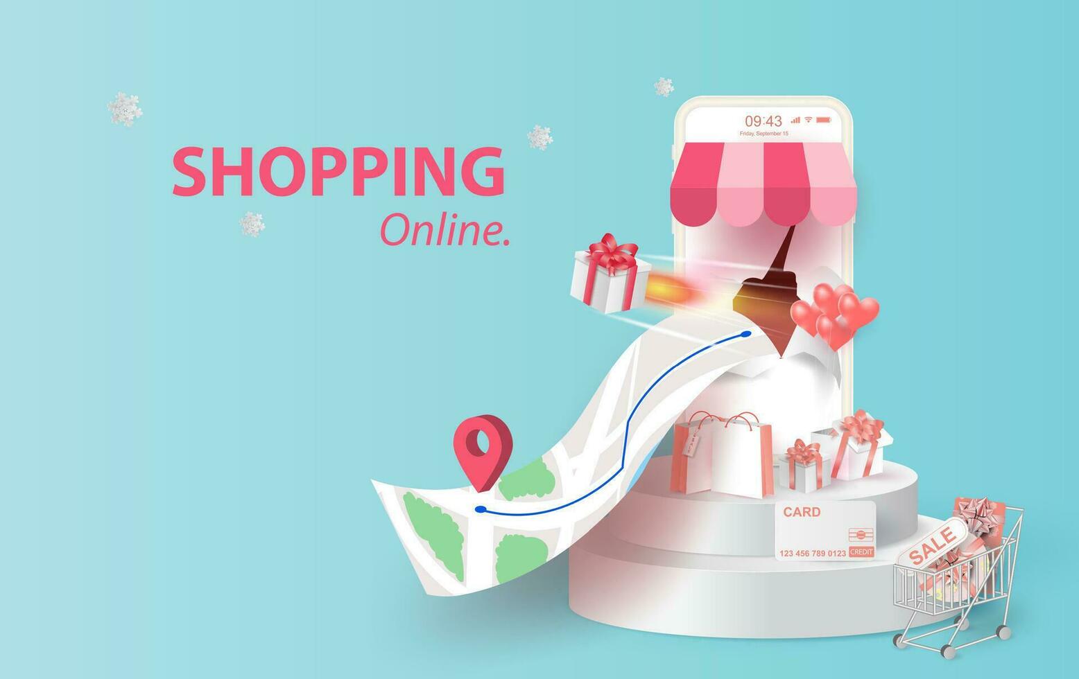 Online delivery shopping online smartphone concept idea.Fast respond delivery package gift box shipping on mobile.Online order tracking with world map location.holiday Christmas and happy new year. vector
