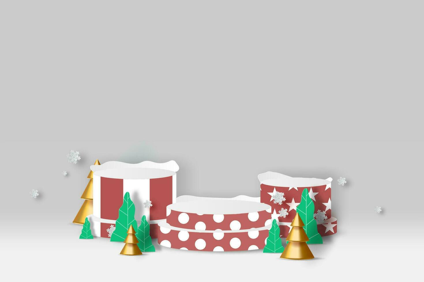 Podium product stand for Christmas event for celebrate next year paper art. Mockup Christmas and New Year stage podium scene with blank space background. banner studio room. paper cut and craft style vector
