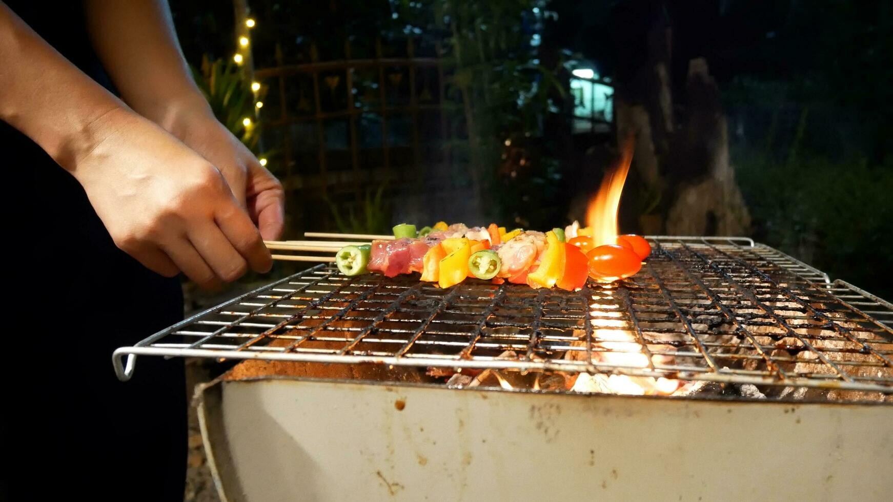 Barbecue Spicy fire on the  flaming grill.Grilled vegetable,pork and chicken skewers with bell peppers.Dinner party barbecue and roast pork at night.winter season BBQ outdoors in garden at home photo