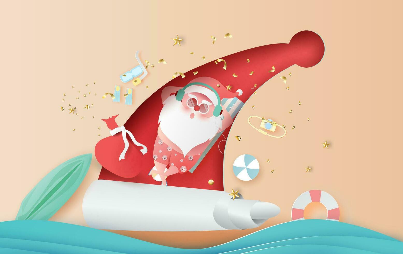 Summer Santa Claus Christmas day July.Delivery service concept cute cartoon character for Xmas design on sea wave water background.Creative paper cut and craft style.web minimal vector illustration