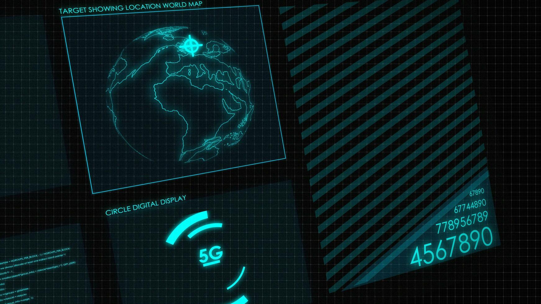 Digital HUD graphic of screen 2D. Futuristic user interface glow GUI digital text and number random element for cyber technology concept.Focus shallow depth of field dark and grain processed.Footage photo