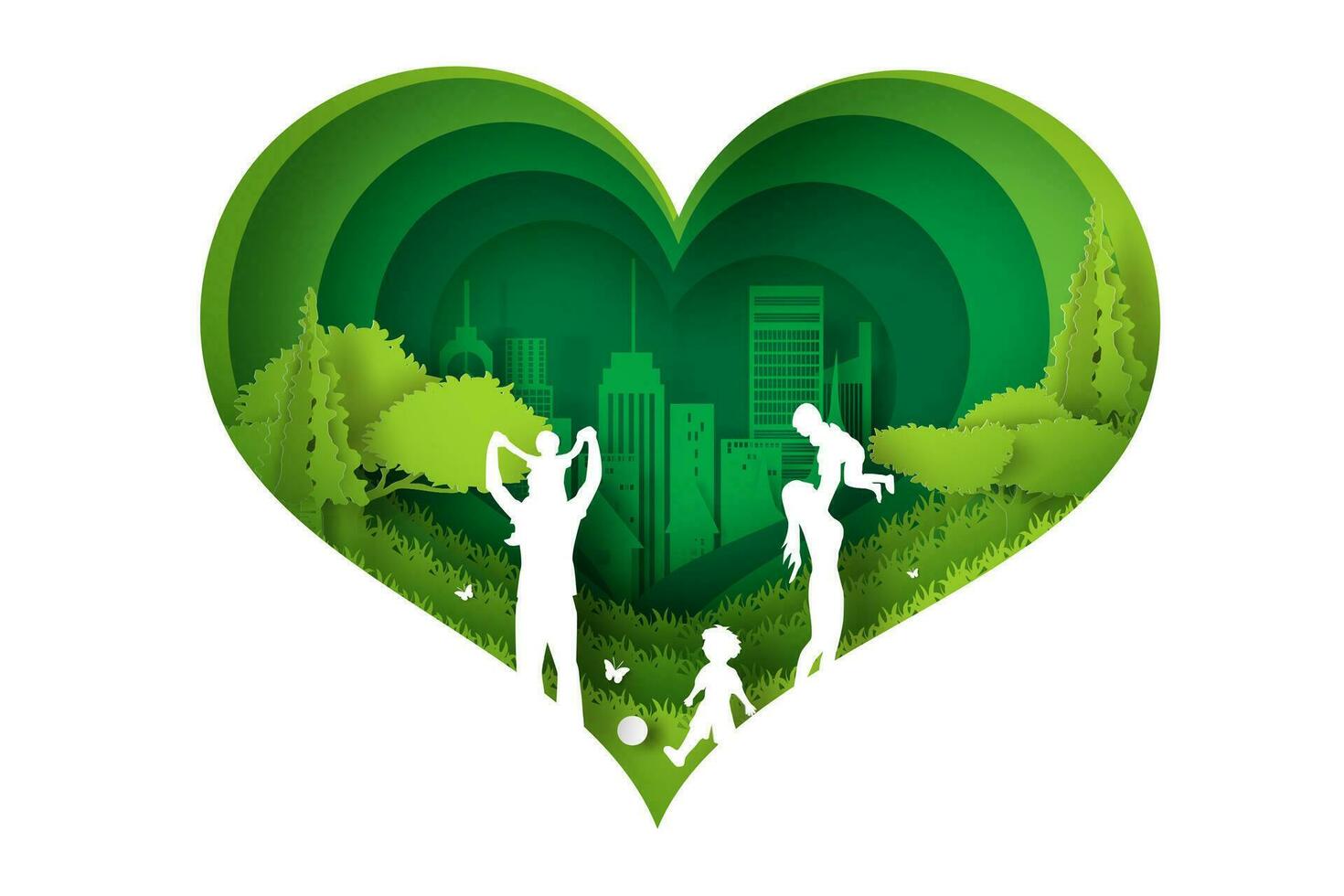 Eco Green happy family having fun playing in the field. paper cut and craft design Environment nature day concept.people lifestyle enjoy in garden park Picnic in holiday. heart shape curve concept vector