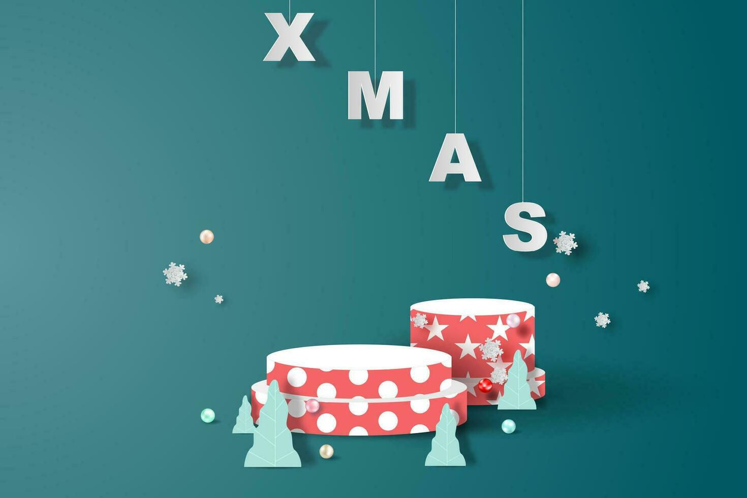 podio producto estar para Navidad evento para celebrar siguiente año papel Arte. Bosquejo Navidad y nuevo año etapa podio escena con blanco espacio antecedentes. bandera estudio habitación. papel cortar y arte estilo vector