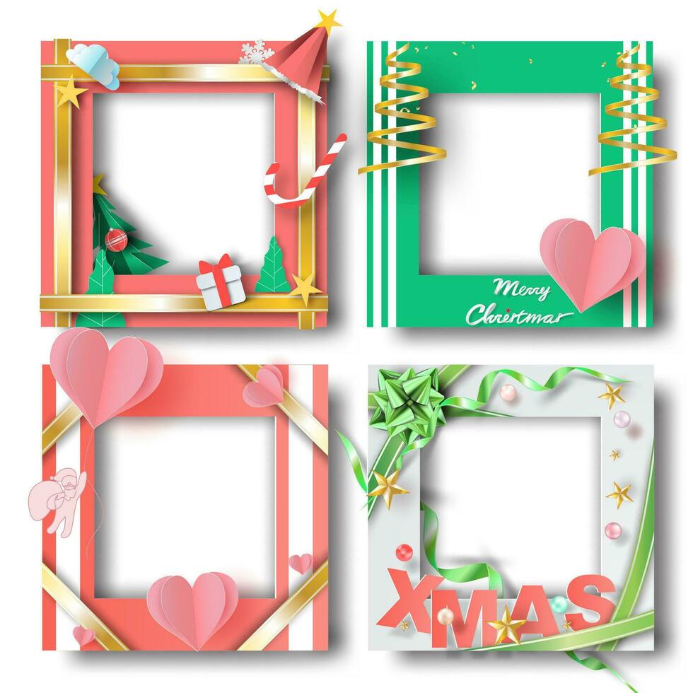 Merry Christmas and Happy new year border frame photo design set on transparency background.Creative origami paper cut and craft style.Holiday decoration gift card.Winter Postcard vector illustration