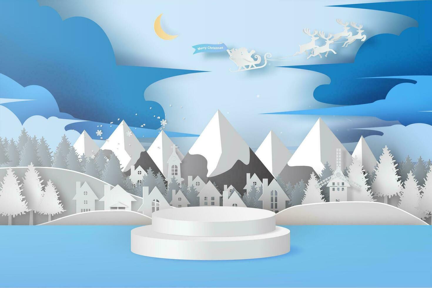 Merry Christmas day of circular stage podium and blank space. Landscape city view mountain winter snow season. Holiday festival Santa Claus with reindeer on sky.Creative paper art and craft style vector