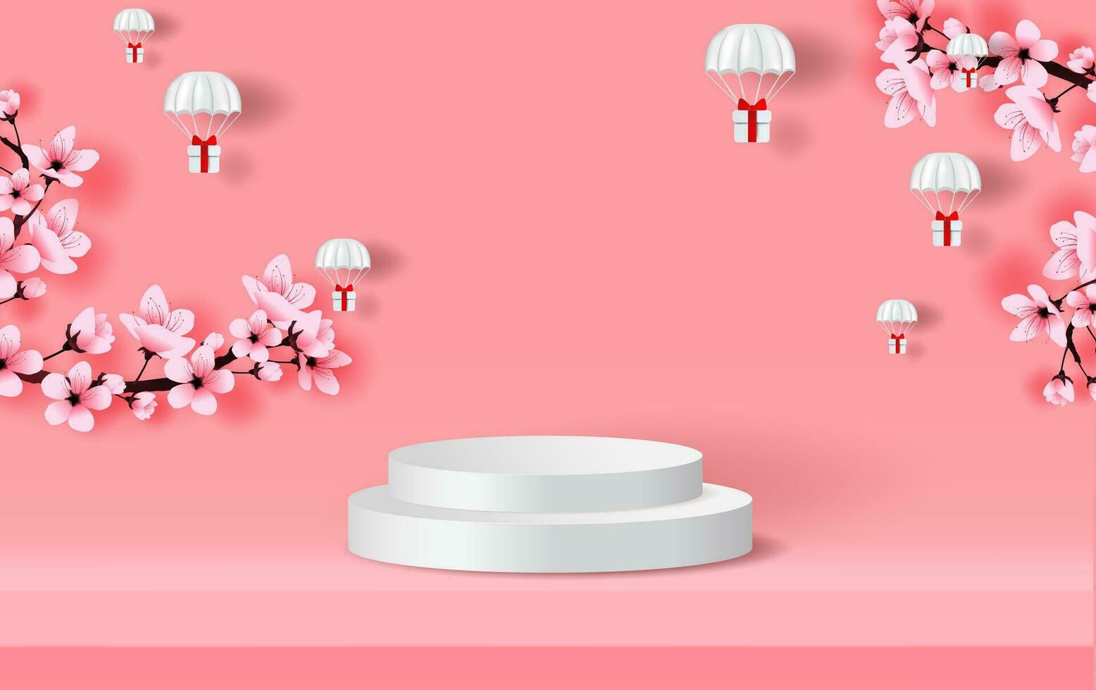 podium on pink Background. Parachute gift box fly air in holiday sky. Paper cut and craft. winter snowfall season with Sakura flower japan. Happy new year Festival party vector. Stand on pastel love vector