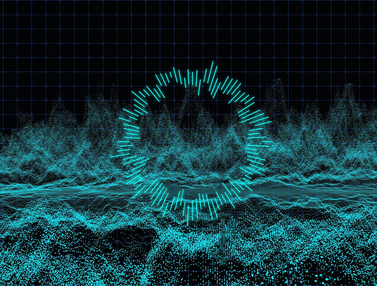 Abstract dark background with moving loop texture particles.Motion graphic Backdrop of ball dot Animation of seamless.Digital blue-green color audio sound wave light.Dynamic mesh surface illustration photo
