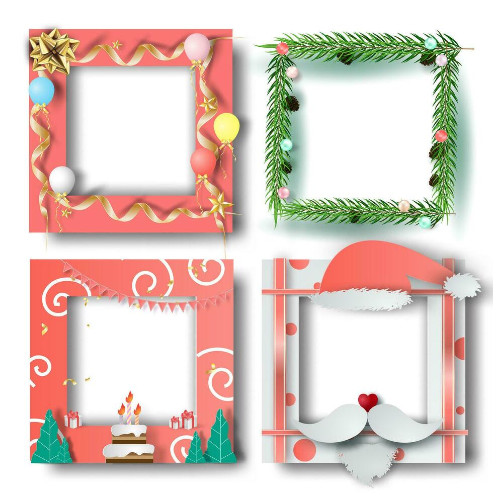 Merry Christmas and Happy new year border frame photo design set on transparency background.Creative origami paper cut and craft style.Holiday decoration gift card.Winter Postcard vector illustration