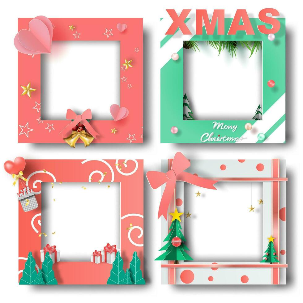 Merry Christmas and Happy new year border frame photo design set on transparency background.Creative origami paper cut and craft style.Holiday decoration gift card.Winter Postcard vector illustration