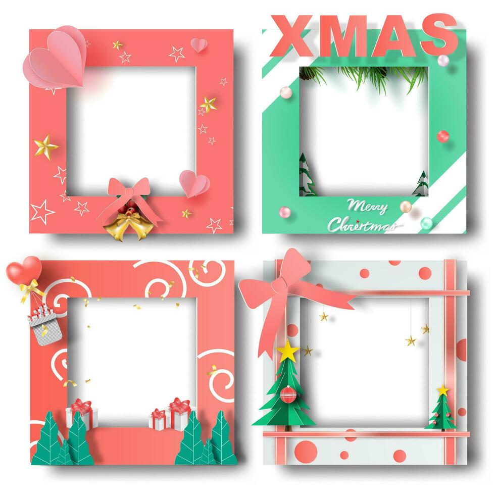 alegre Navidad y contento nuevo año frontera marco foto diseño conjunto en transparencia fondo.creativo origami papel cortar y arte estilo.vacaciones decoración regalo tarjeta.invierno tarjeta postal vector ilustración