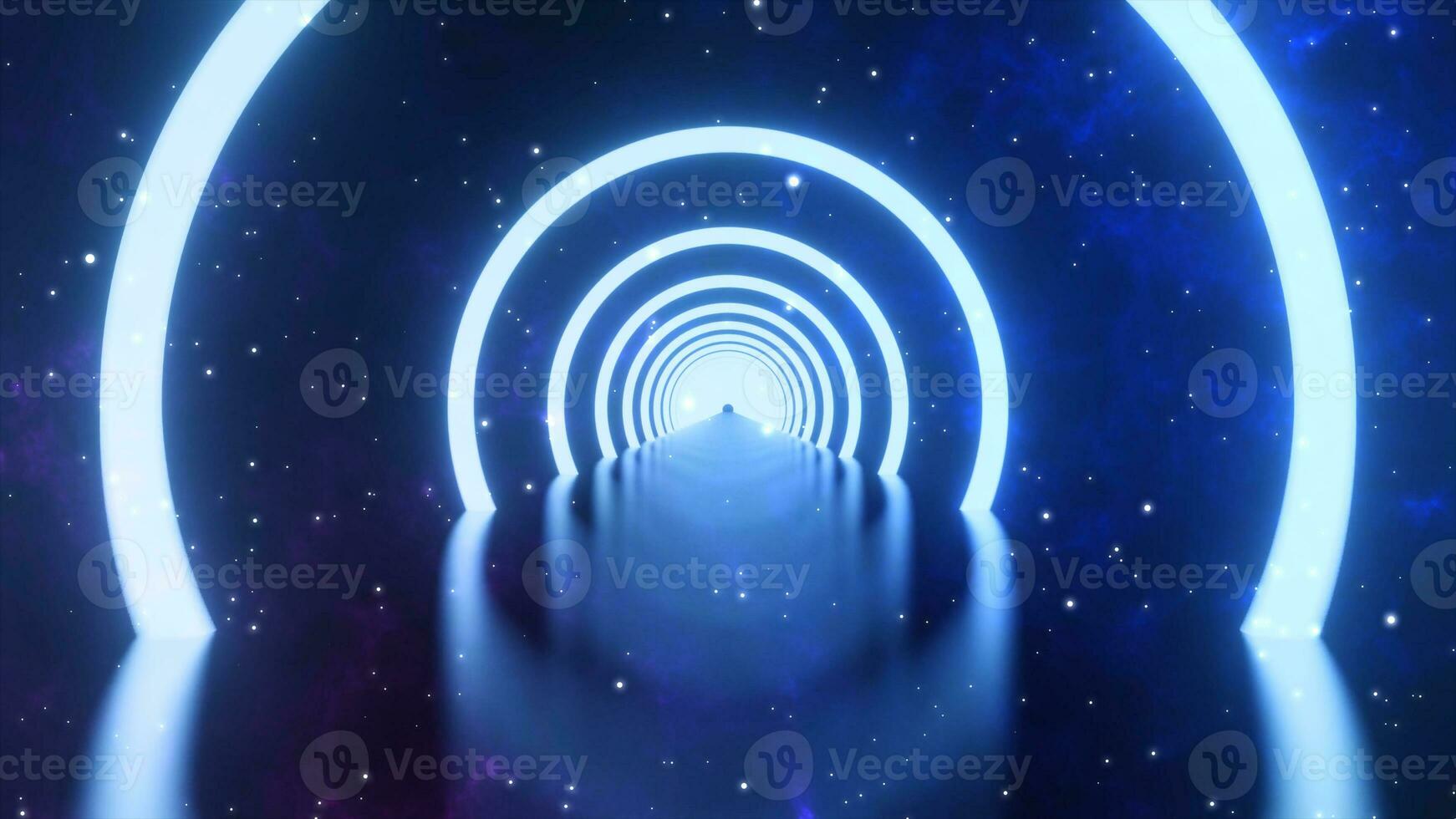 3D rendering. Loop motion of glowing neon ring and on dark galaxy star background. Neon light abstract background. Circles laser show fashion. virtual reality outer space with way star space panorama photo