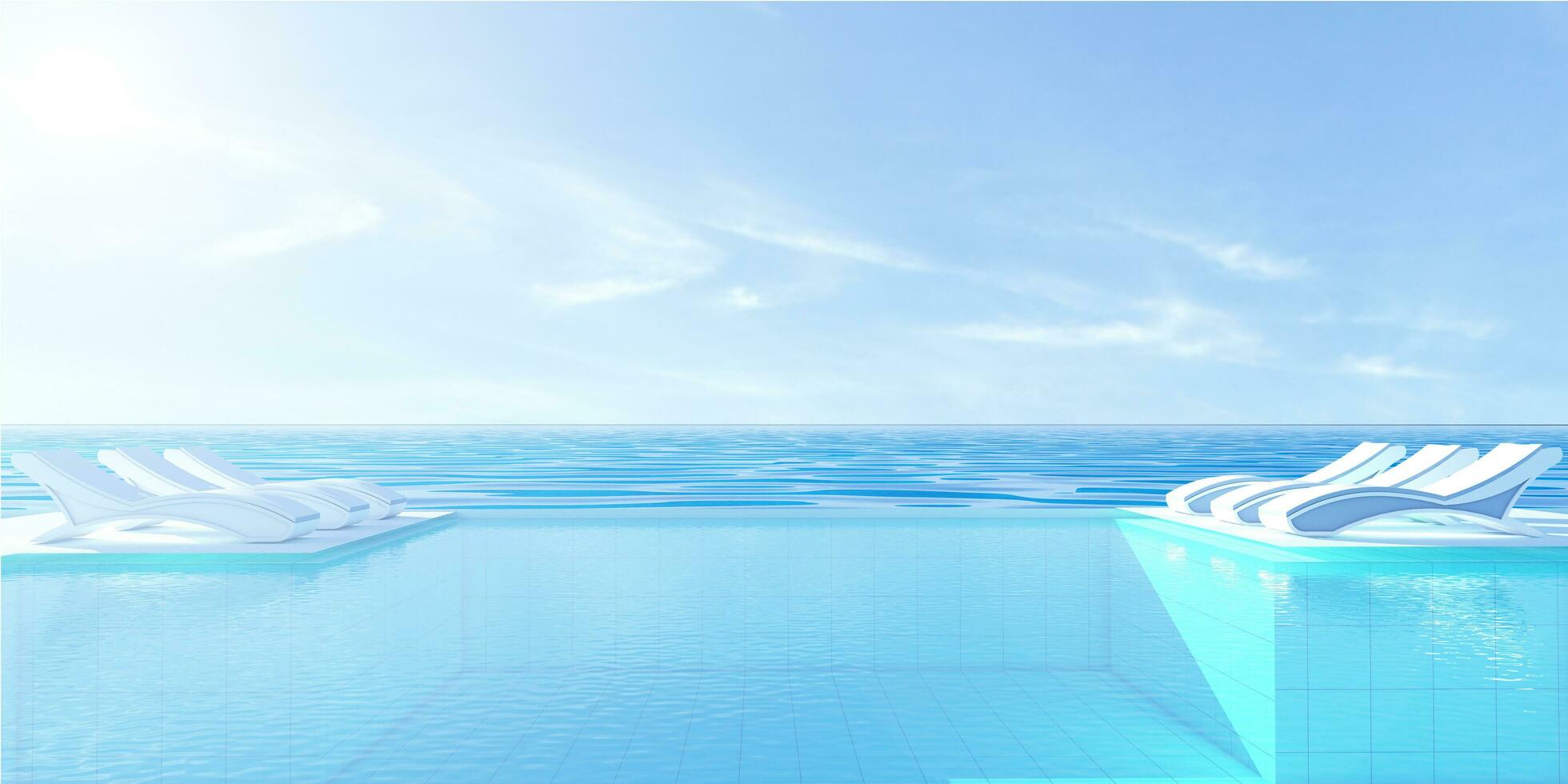 Swimming pool sunbed to sea view photo