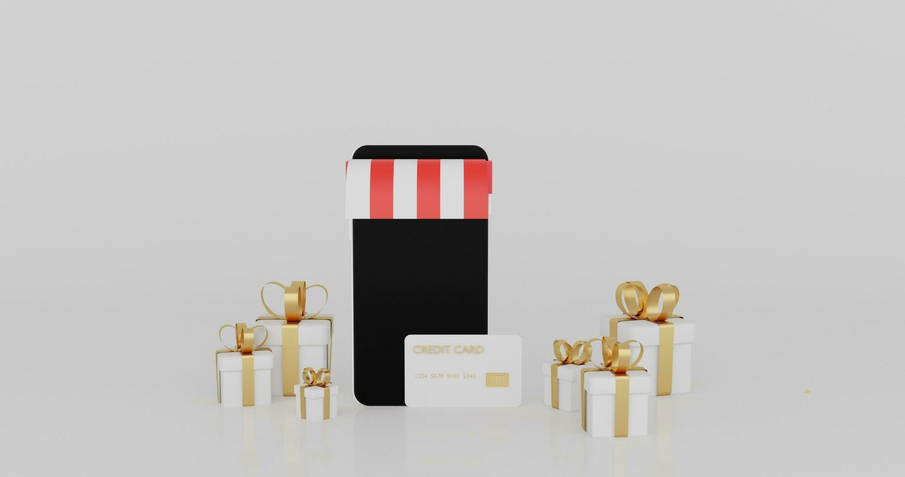 3D rendering of black smartphone screen and white gift box golden ribbon.Creative Shopping online concept.Business minimal modern mock up advertising and banner.Credit card payment shop. illustration. photo