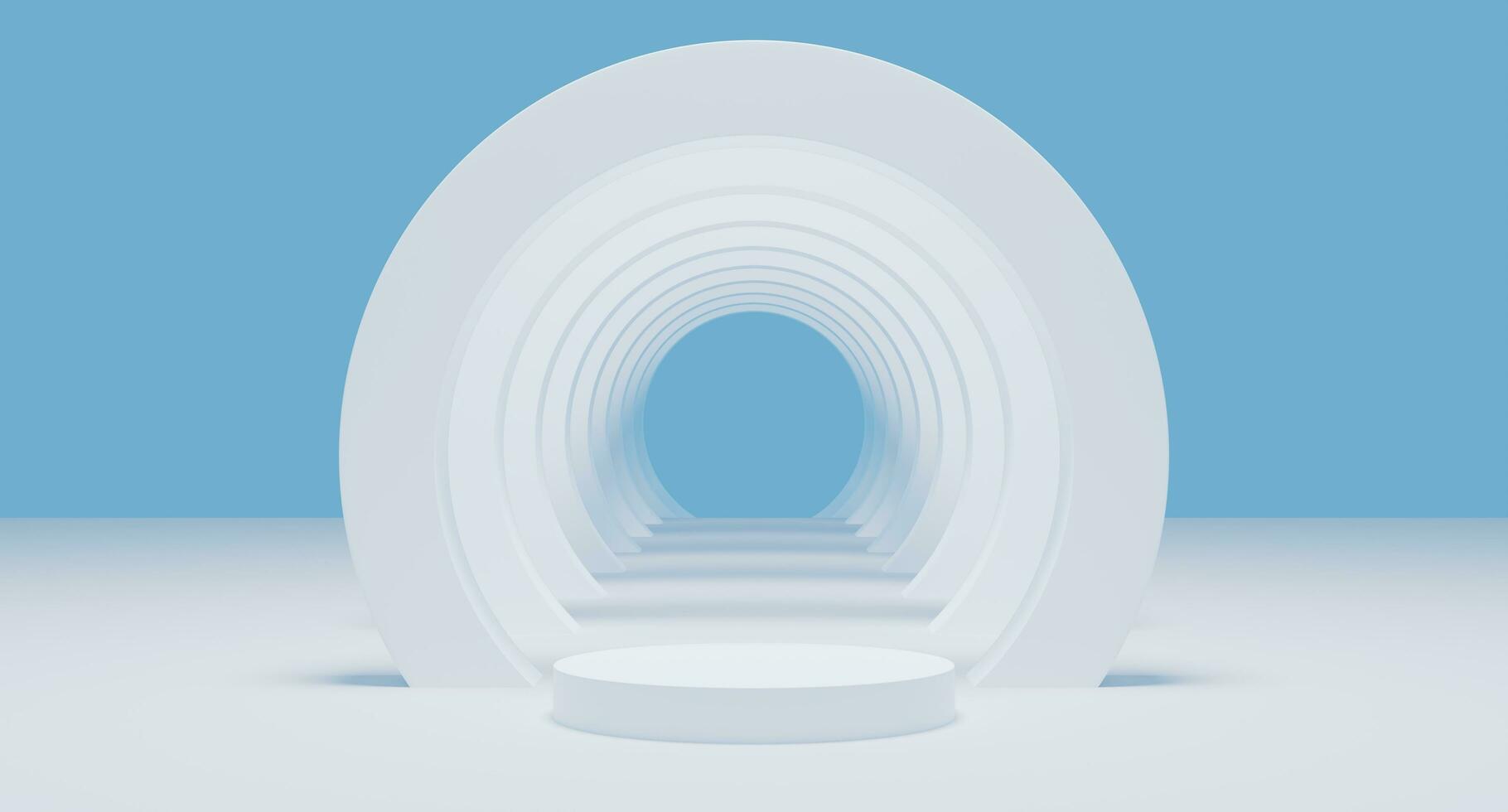 white wall blank cylinder floor 3d rendering. White light bright circle in podium minimal studio background. Abstract geometric shape object on blue illustration. minimal concept photo