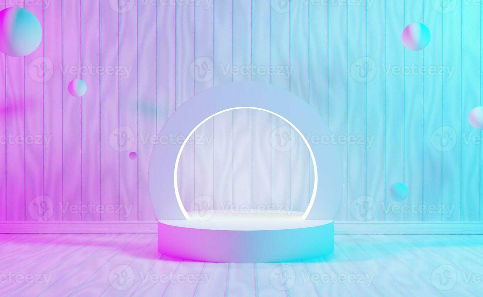 Neon light  with podium white 3d and minimal white wood wall scene.minimal concept podium background 3d rendering. Abstract geometric shape gray. Stage for awards on white  modern illustration. photo