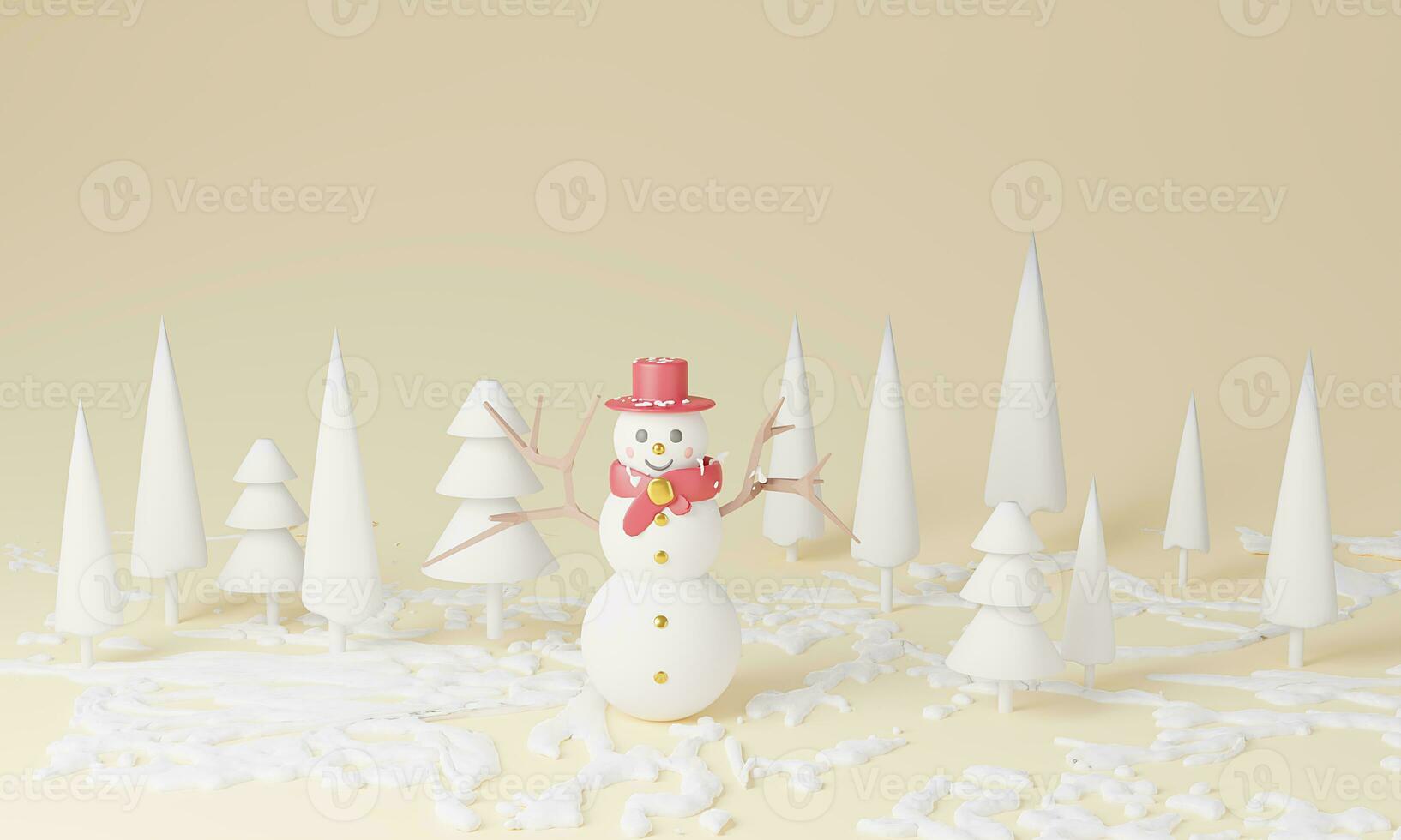 Christmas pastel Scene With Snowman Cute in forest mountain 3d Rendering illustration.Landscape snow winter season photo