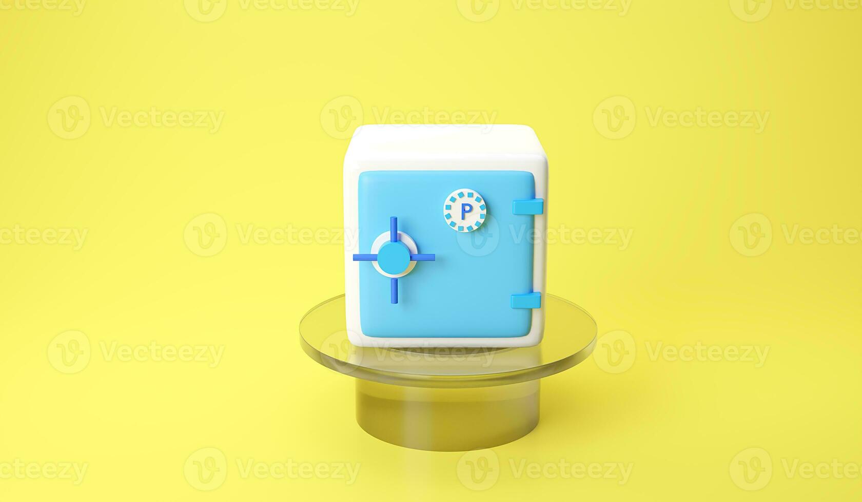 blue-white safe box isolated on yellow pastel background. 3D rendering illustration. Safe door bank vault with a combination lock on cylinder. Reliable Data Protection. Minimalism concept. photo