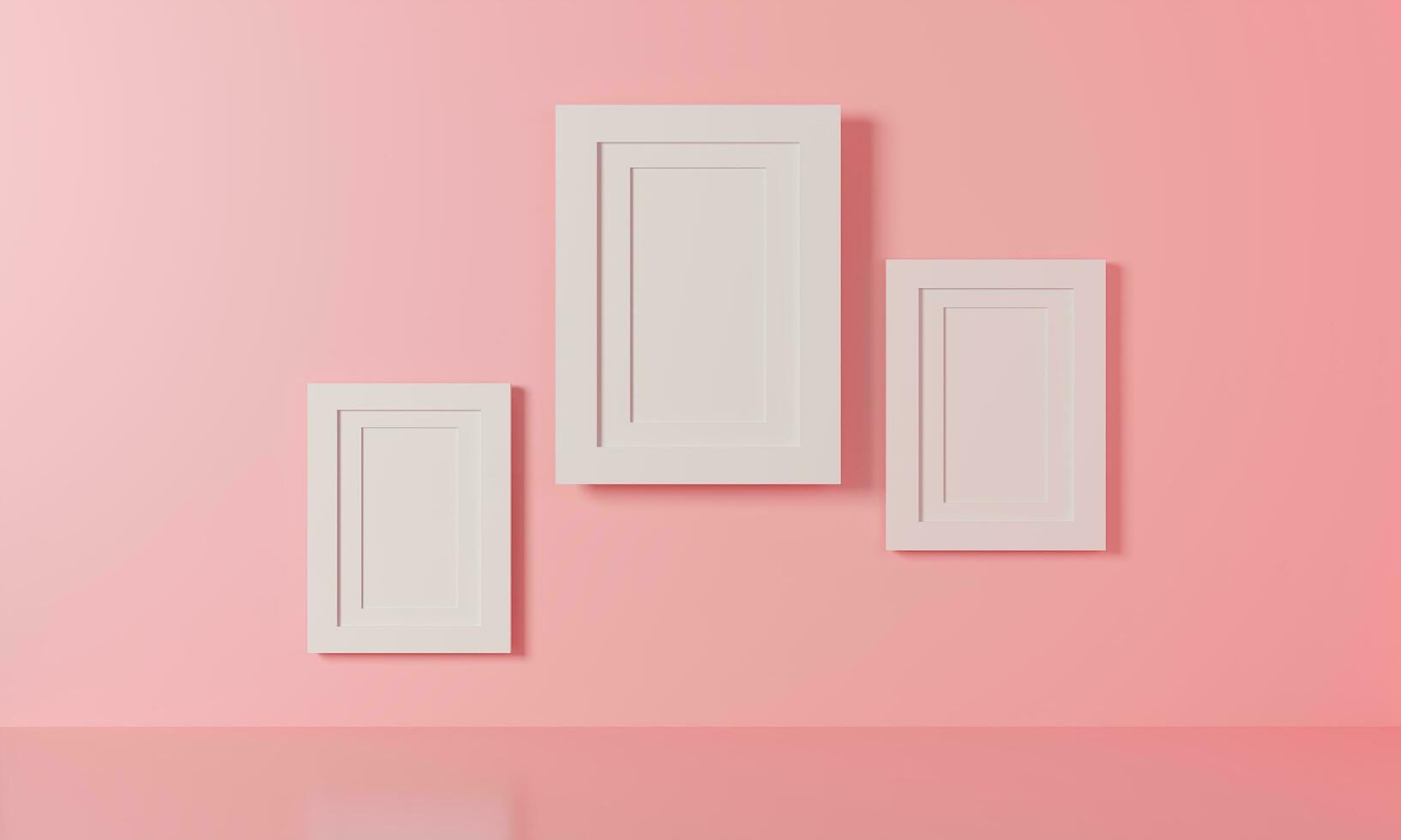 White frame 3d rendering. illustration Modern picture frame concept, Empty white border image frame space for your text on pink background, Mock-up poster frame on wall minimal. pastel pink color photo