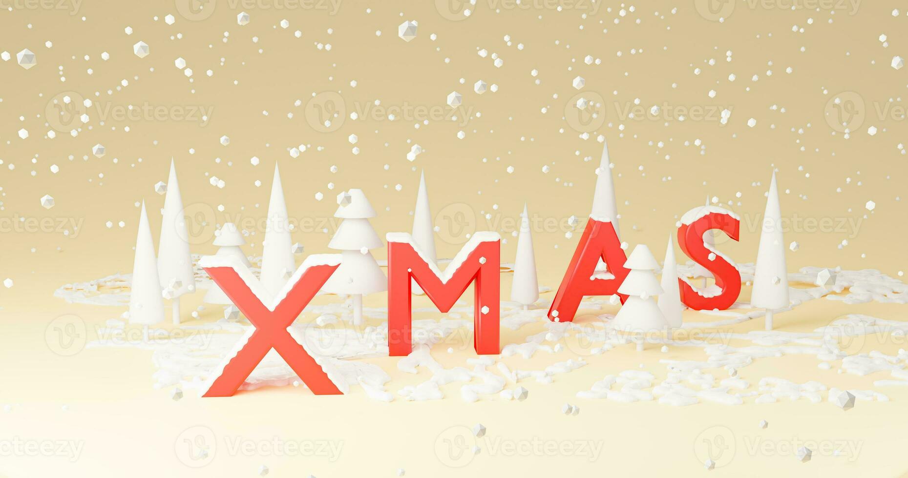 Snow Falling of Christmas pastel Scene With space in forest mountain 3d Rendering illustration. Xmas Landscape snow winter season. Animation in holiday concept photo