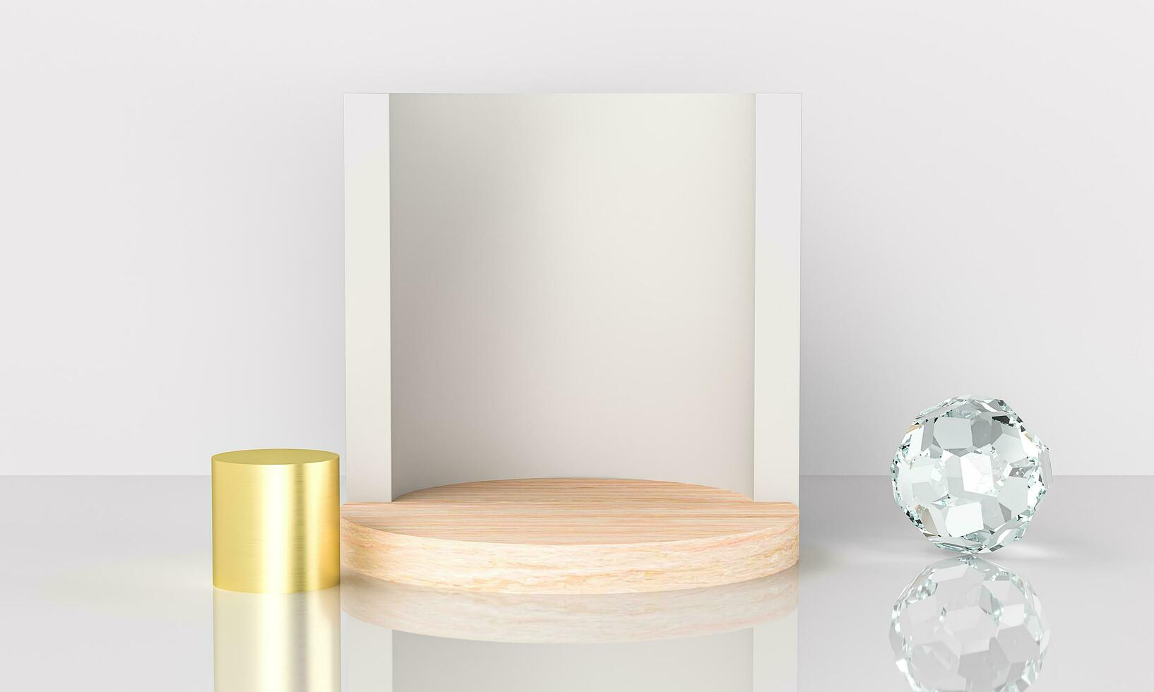 Abstract geometric wood podium with studio on white background. Empty pedestal circle platform for winner award, product presentation, mock up background, stage empty space. Showcase 3d rendering photo