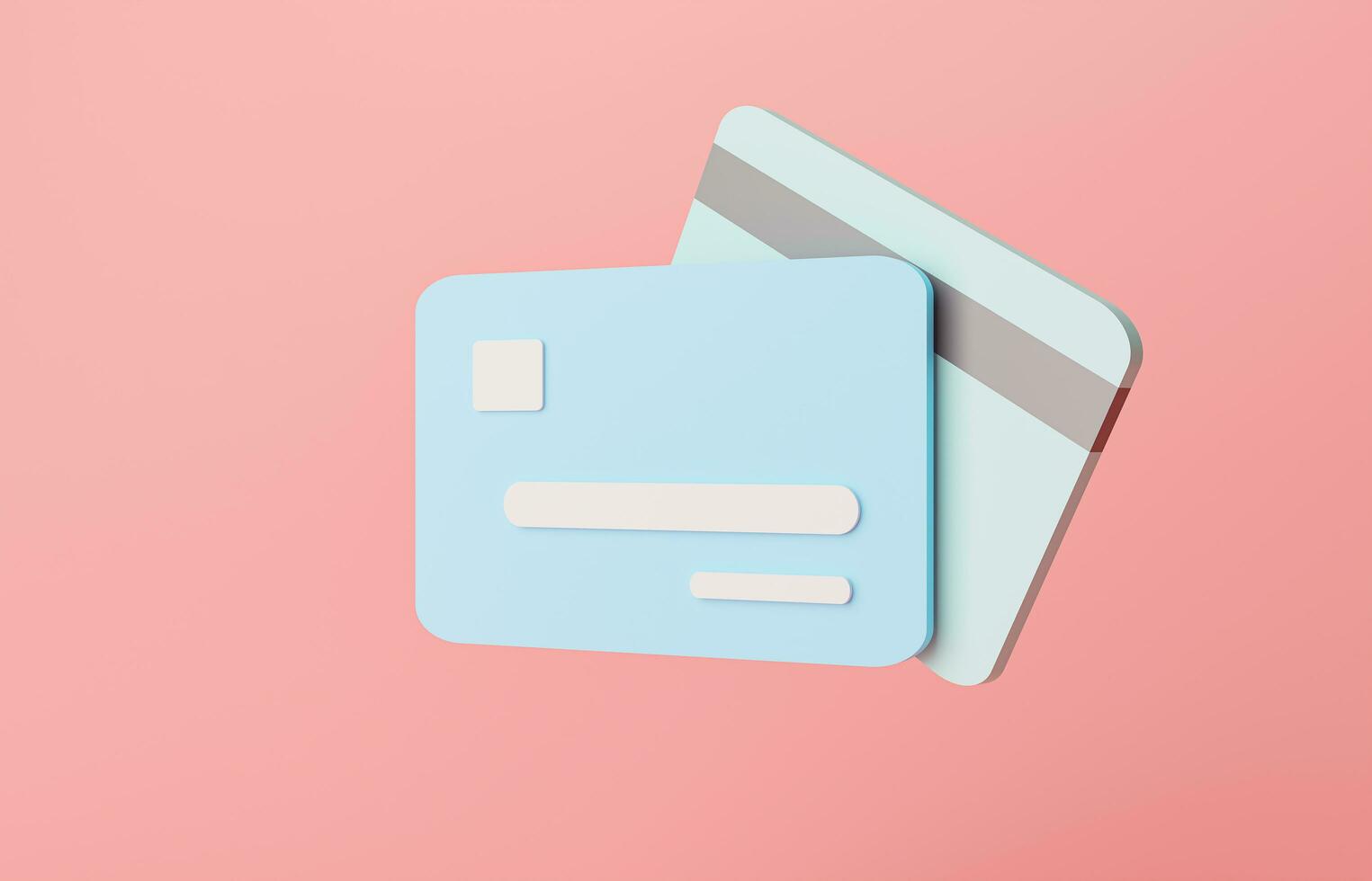 azul crédito tarjeta mínimo en rosado pastel antecedentes negocio finanzas concepto. dibujos animados estilo crédito tarjeta mínimo. pago y bancario concepto. bancario Finanzas transacción pago en línea 3d representación foto