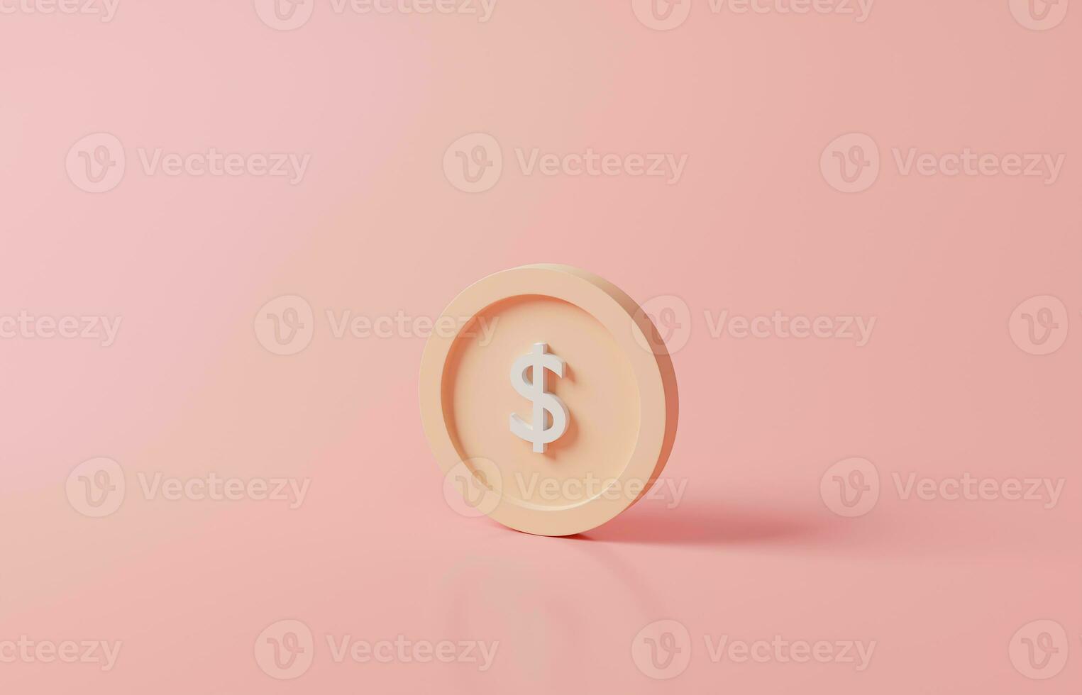 money coins isolated. minimal money dollar sign around on pink or red pastel background. cashless society. online shopping payment concept. 3D gold coin Saving growth. 3D rendering illustration photo