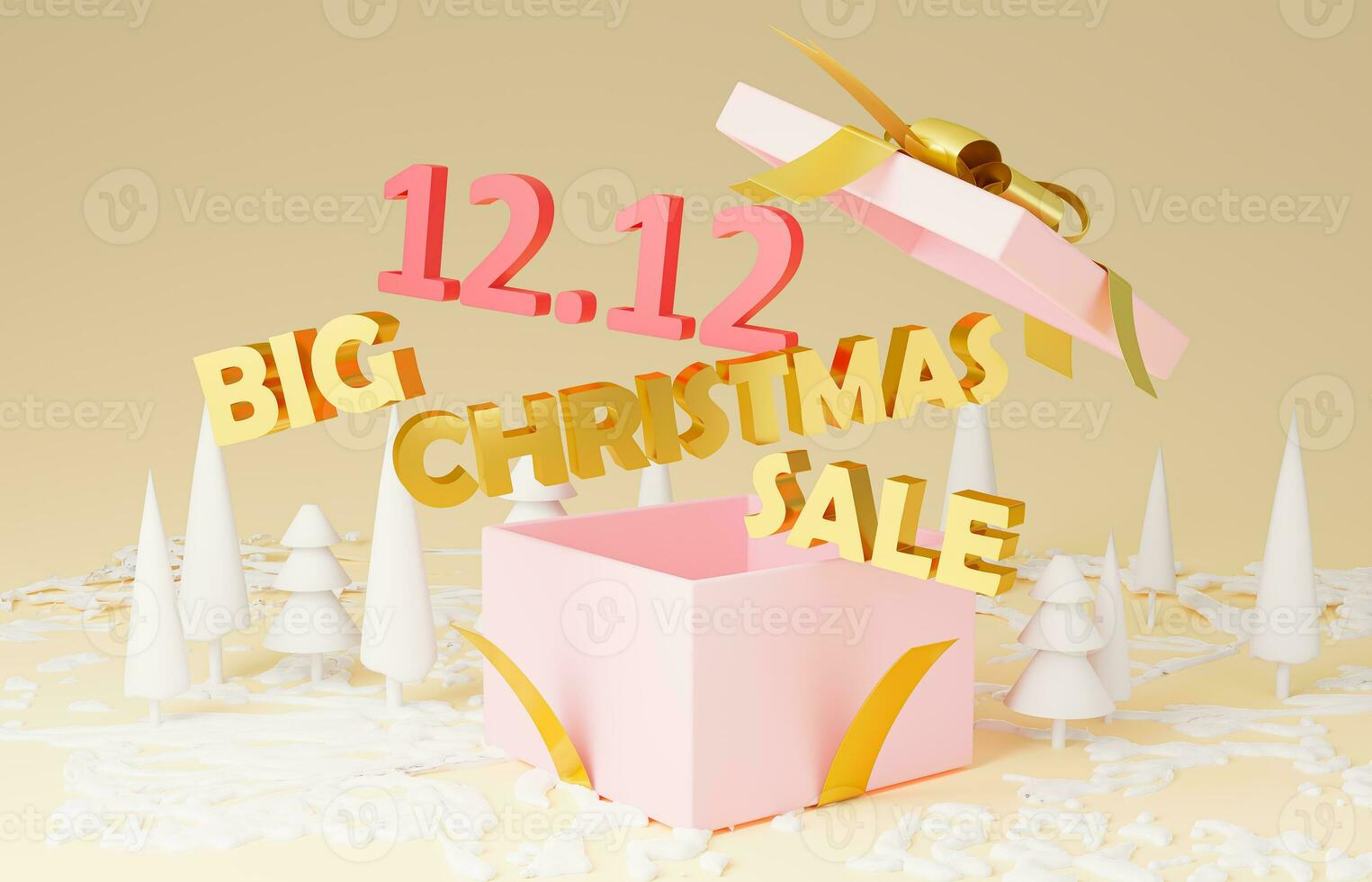 Minimal shopping Big Christmas sale in gift box Concept. discounts and gifts for the Happy new year, minimal style sale landscape forest snow.3d rendering Space for text pastel background. 12.12 photo